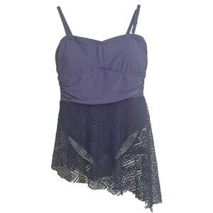K Jordan XL Swim Dress One Piece Navy Blue Lace Skirt Tummy Control Lined